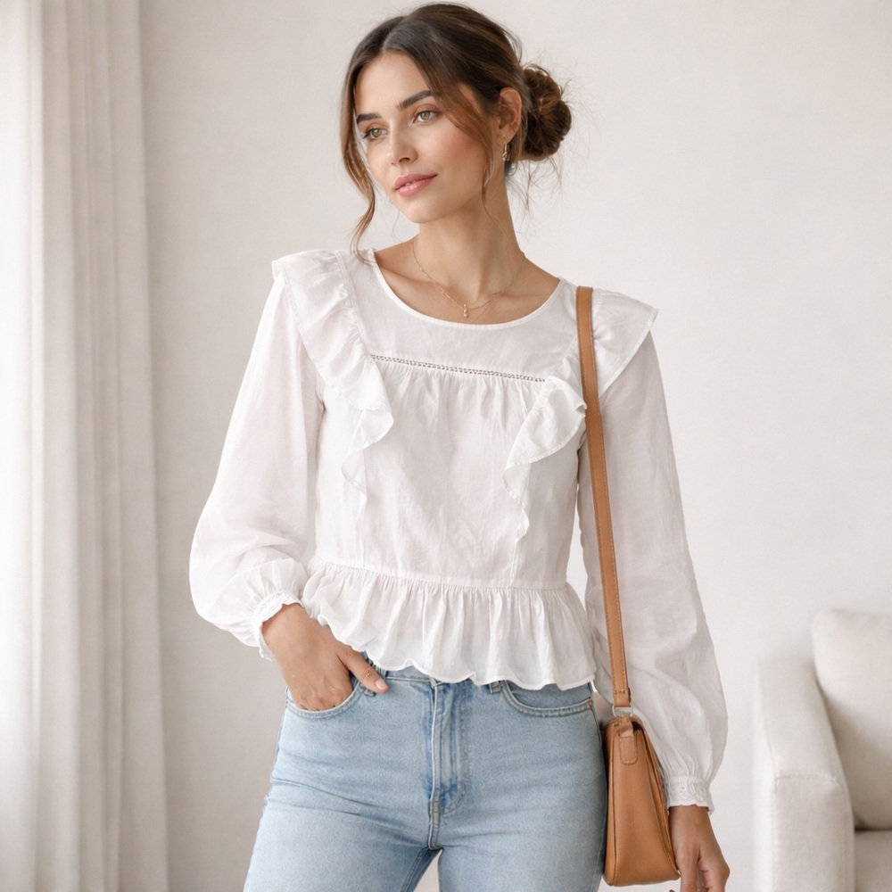 Cottagecore Ivory Peplum Top Large Ruffles Prairie Romantic Peasant Soft Girl